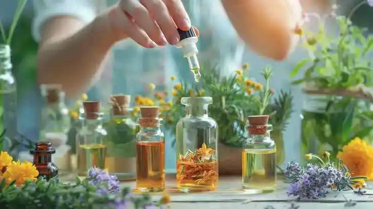 Verschiedene Heilpflanzen, Tinkturen und Öle